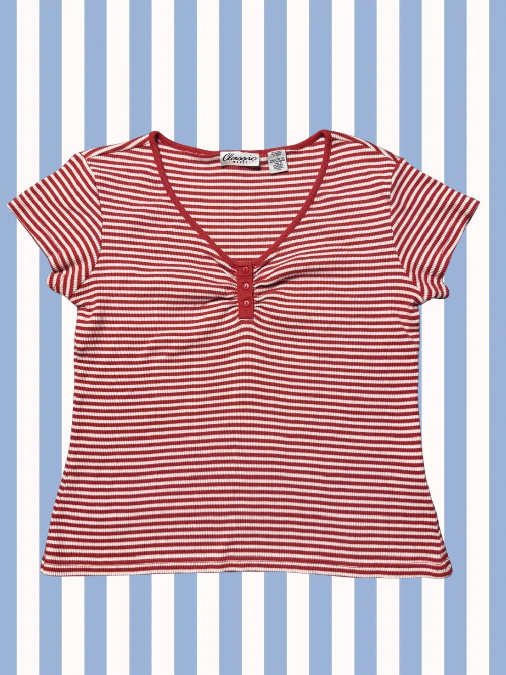 Classic Elements Red & White Striped Short Sleeve Henley